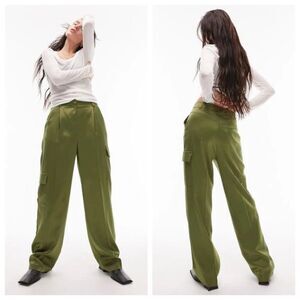 NEW Topshop satin cargo wide leg pants in khaki army olive green size 2 NWT